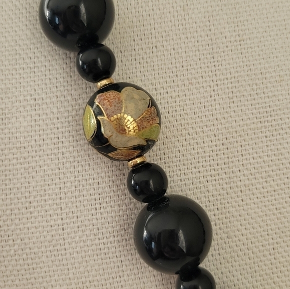 Vintage Necklace Handpainted Japan Black Purple Floral Necklace #581 - Picture 6 of 12